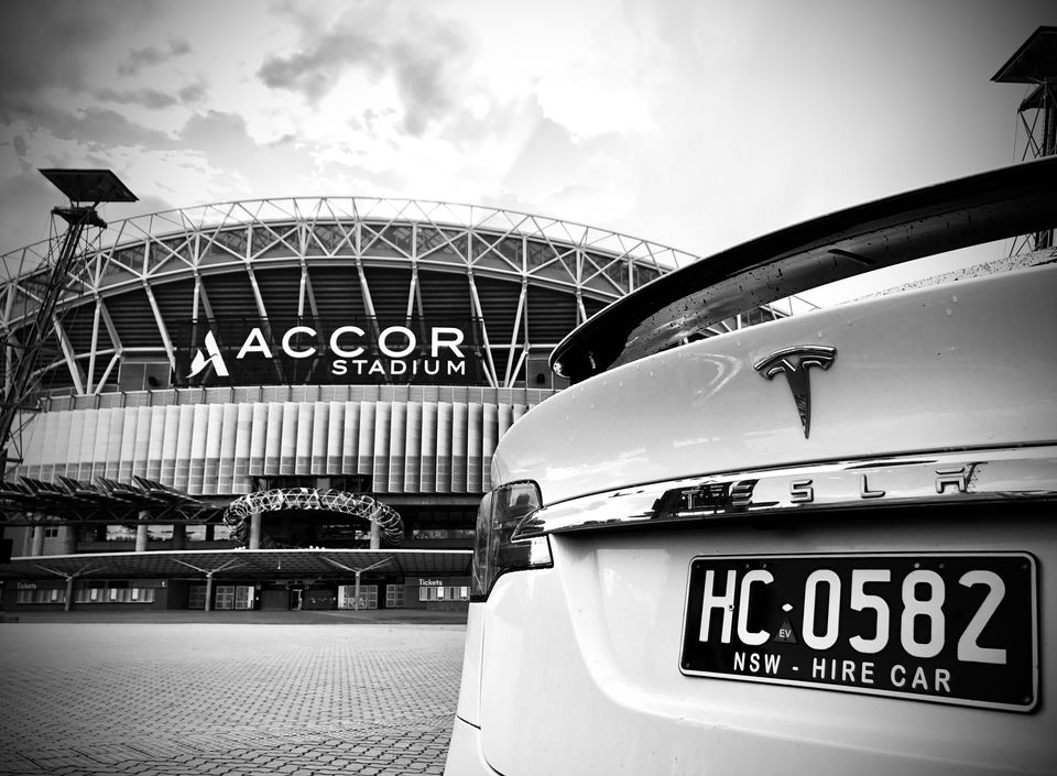 Tesla Model X parked outside Accor Stadium, Sydney Olympic Park